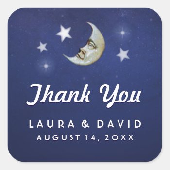 Blue Gold & White Moon & Stars Wedding Thank You Square Sticker by juliea2010 at Zazzle