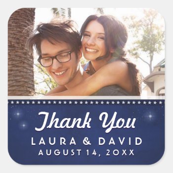 Blue Gold & White Stars Photo Wedding Thank You Square Sticker by juliea2010 at Zazzle