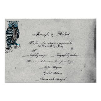 Blue Gothic Owl Posh Wedding Response Card