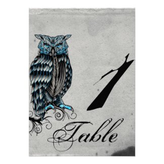 Blue Gothic Owl Posh Wedding Table Number Announcement