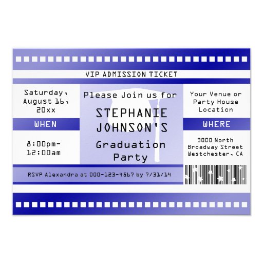 Blue Graduation or Party Admission Ticket Invitation (front side)