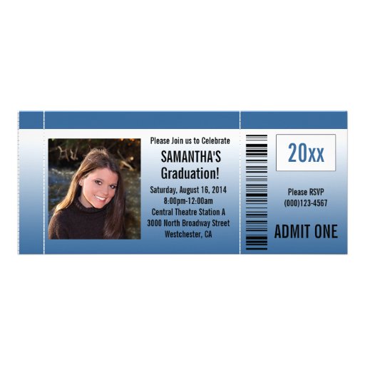 Blue Graduation Party Ticket Invitation with Photo (front side)