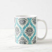 blue gray and cream elegant damask coffee mugs