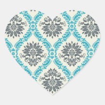 blue gray and cream elegant damask heart stickers
