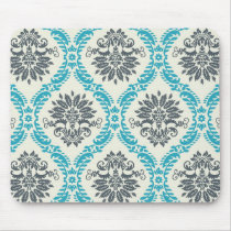 blue gray and cream elegant damask mousepad