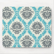 blue gray and cream elegant damask mousepad