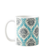 blue gray and cream elegant damask coffee mugs