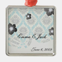 blue gray and cream elegant damask christmas ornament
