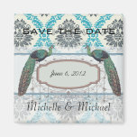 blue gray and cream elegant damask peacocks fridge magnet