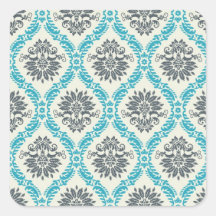 blue gray and cream elegant damask square stickers