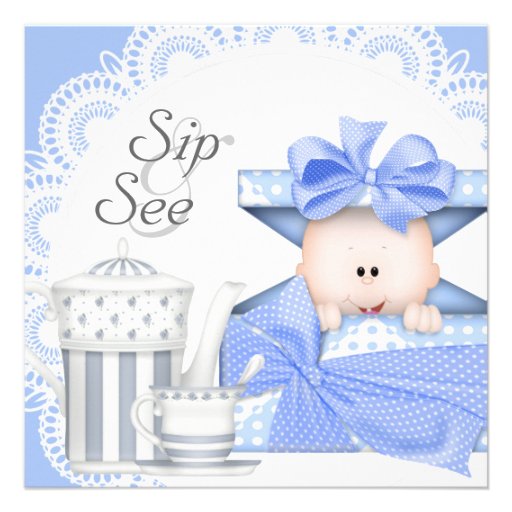 Blue Gray Baby Boy Sip And See Invitations