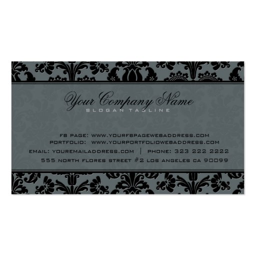 Blue-Gray & Black Elegant Vintage Floral Damask Business Card Template (back side)