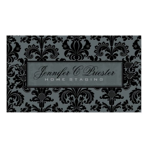 Blue-Gray & Black Elegant Vintage Floral Damask Business Card Template (front side)
