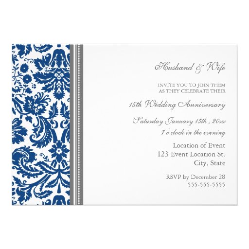 Blue Gray Damask 15th Anniversary Invitation