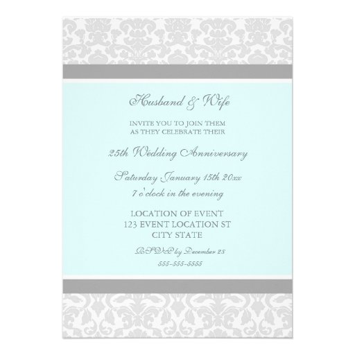 Blue Gray Damask 25th Anniversary Party Invitation