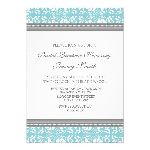 Blue Gray Damask Bridal Lunch Invitation Cards