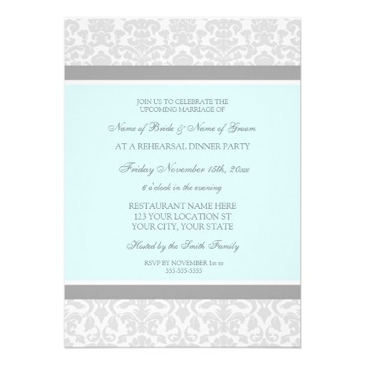 Blue Gray Damask Rehearsal Dinner Party Invitations