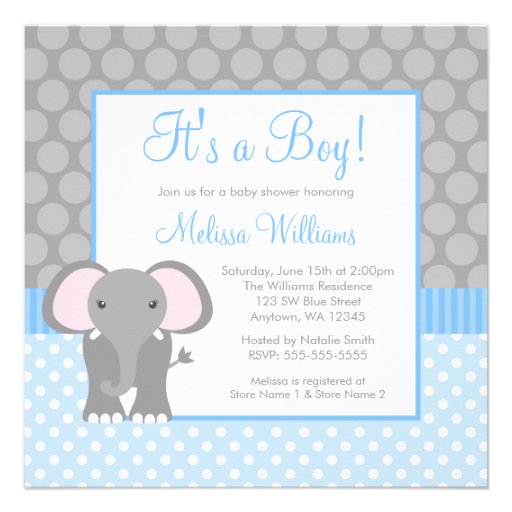 Blue Gray Elephant Polka Dot Boy Baby Shower Custom Invitation