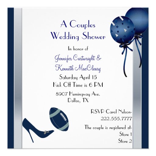 Blue &  Gray Football Couples Wedding Shower Custom Invite