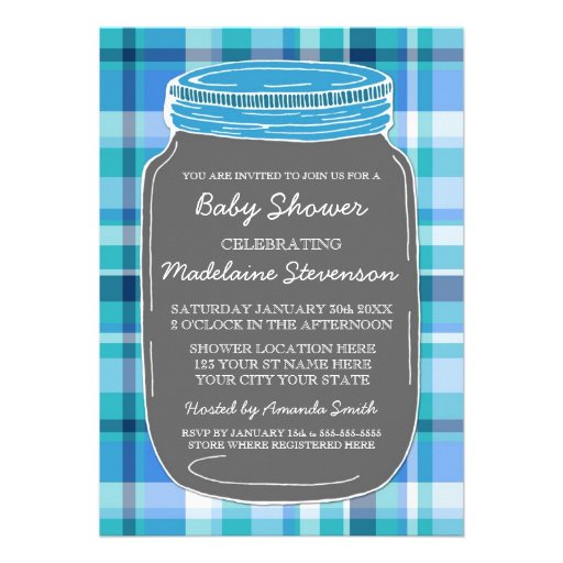 Blue Gray Mason Jar Custom Baby Shower Invitations