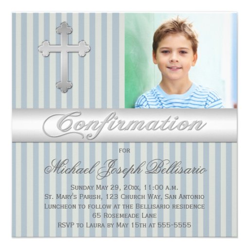 Blue Gray Stripes Confirmation Photo Invitation
