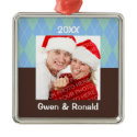 Blue green argyle custom photo holiday keepsake ornament