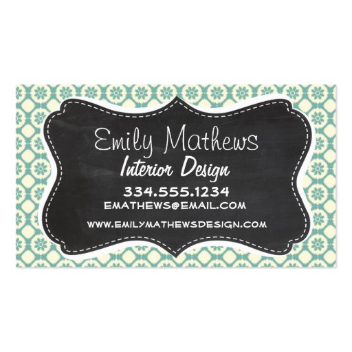 Blue-Green & Cream Floral; Vintage Chalkboard Business Card Templates (front side)