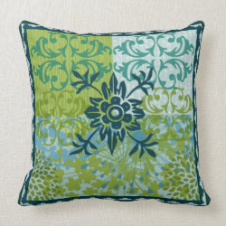 Blue Green Floral Damask Pattern Throw Pillow