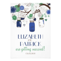 Blue & Green Floral Mason Jars Wedding Invitation