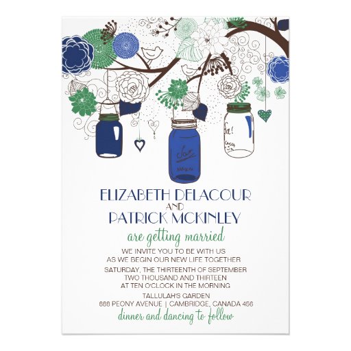 Blue & Green Floral Mason Jars Wedding Invitation
