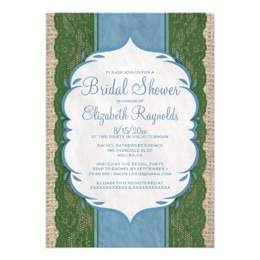 Blue Green Linen Burlap Lace Bridal Shower Invites