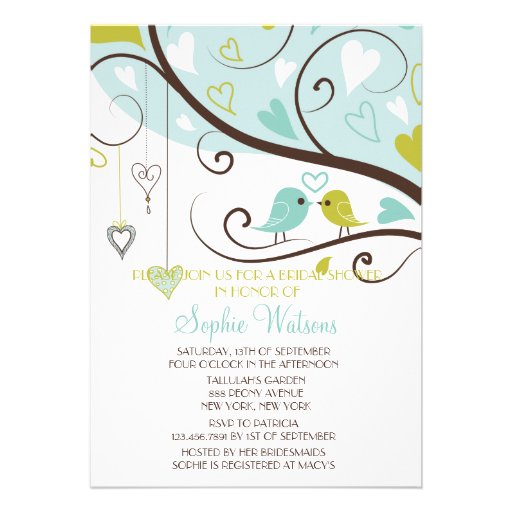 Blue & Green Lovebirds Bridal Shower Invitations