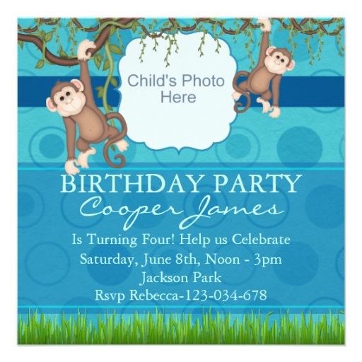 Blue & Green Monkey Fun Photo Birthday Invite