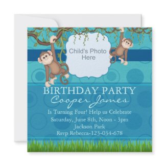 Blue & Green Monkey Fun Photo Birthday Invite invitation