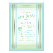 Blue Green Plaid Rattle Baby Shower Invitation