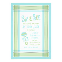 Blue Green Plaid Rattle Baby Shower Sip and See Cards