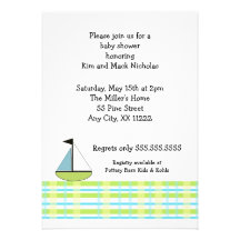 Blue Green Plaid Sail Boat Baby Shower Personalized Invite
