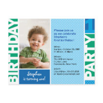 Blue green polka dot 1st birthday invitation postcards