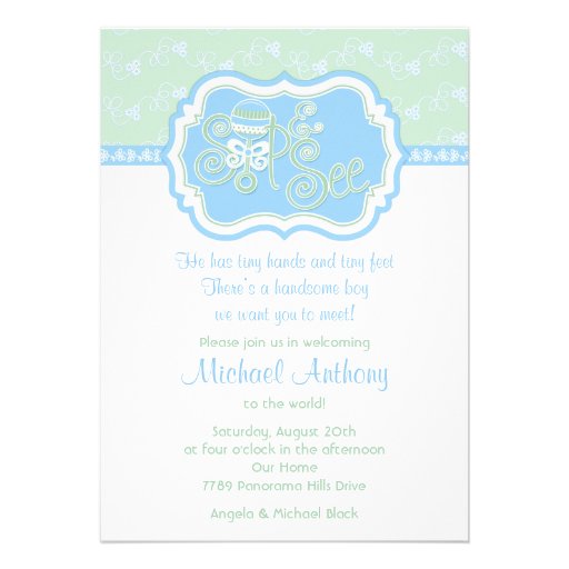Blue Green Rattle Lace Sip N See Baby Shower Announcement