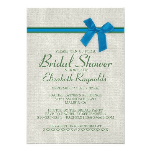 Blue Green Rustic Burlap Bridal Shower Invitations