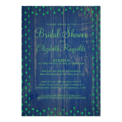 Blue Green Rustic Country Bridal Shower Invitation