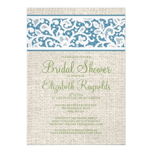 Blue Green Rustic Linen Bridal Shower Invitations