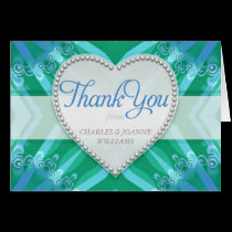 Blue Green Satin Heart Wedding Thank You Cards cards