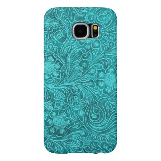 Blue-Green Suede Leather Look Retro Floral Design Samsung Galaxy S6 Cases