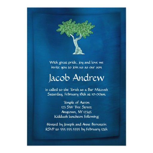 Blue Green Tree of Life Bar Mitzvah Invitations