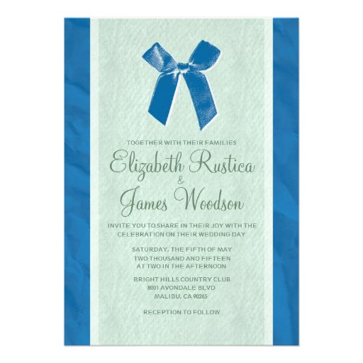 Blue & Green Vintage Bow Linen Wedding Invitations