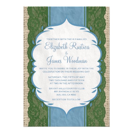 Blue Green Vintage Linen Burlap Wedding Invitation