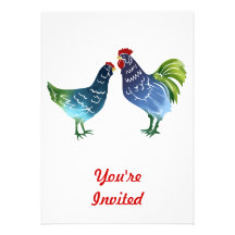 Blue & Green Watercolor Rooster & Hen Custom Invitations