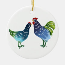 Blue & Green Watercolor Rooster & Hen Ornament