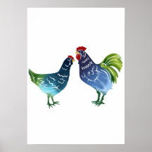 Blue & Green Watercolor Rooster & Hen Print